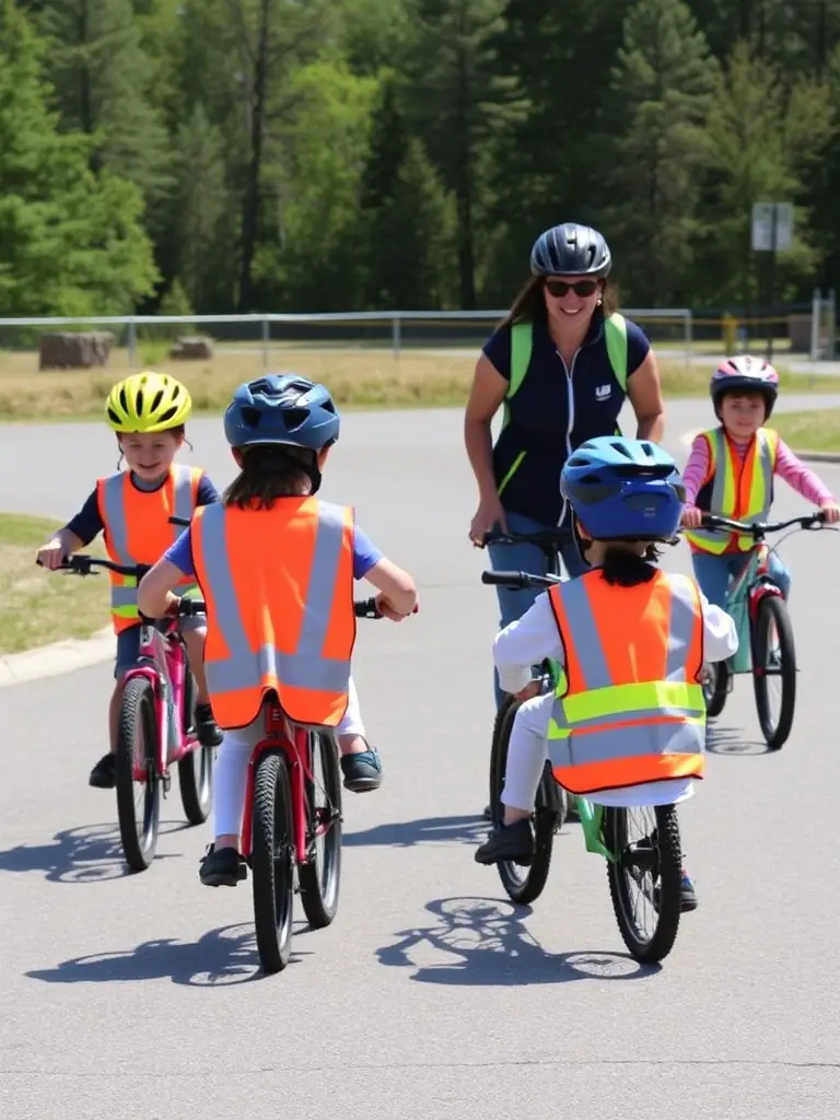 An image showcasing a group of children participating in a cycling safety workshop organized by TEAM GREOUX BIKE, emphasizing the importance of safe cycling practices.