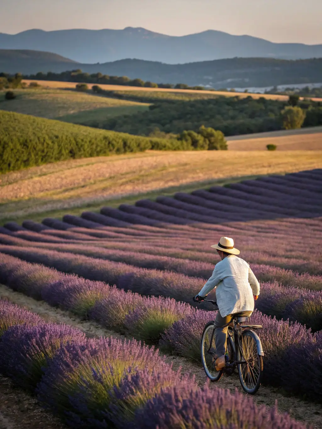 A photo of TEAM GREOUX BIKE members leading a guided cycling tour through the lavender fields of Provence, highlighting the region's natural beauty.