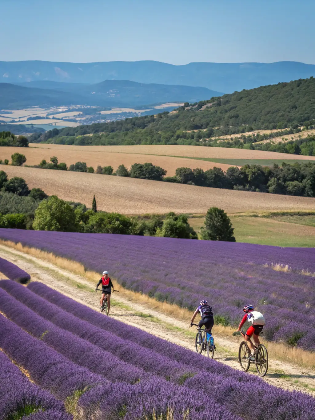 A photograph capturing the excitement of the annual TEAM GREOUX BIKE charity ride, with participants of all ages and abilities cycling through the picturesque landscapes of Greoux-les-Bains.