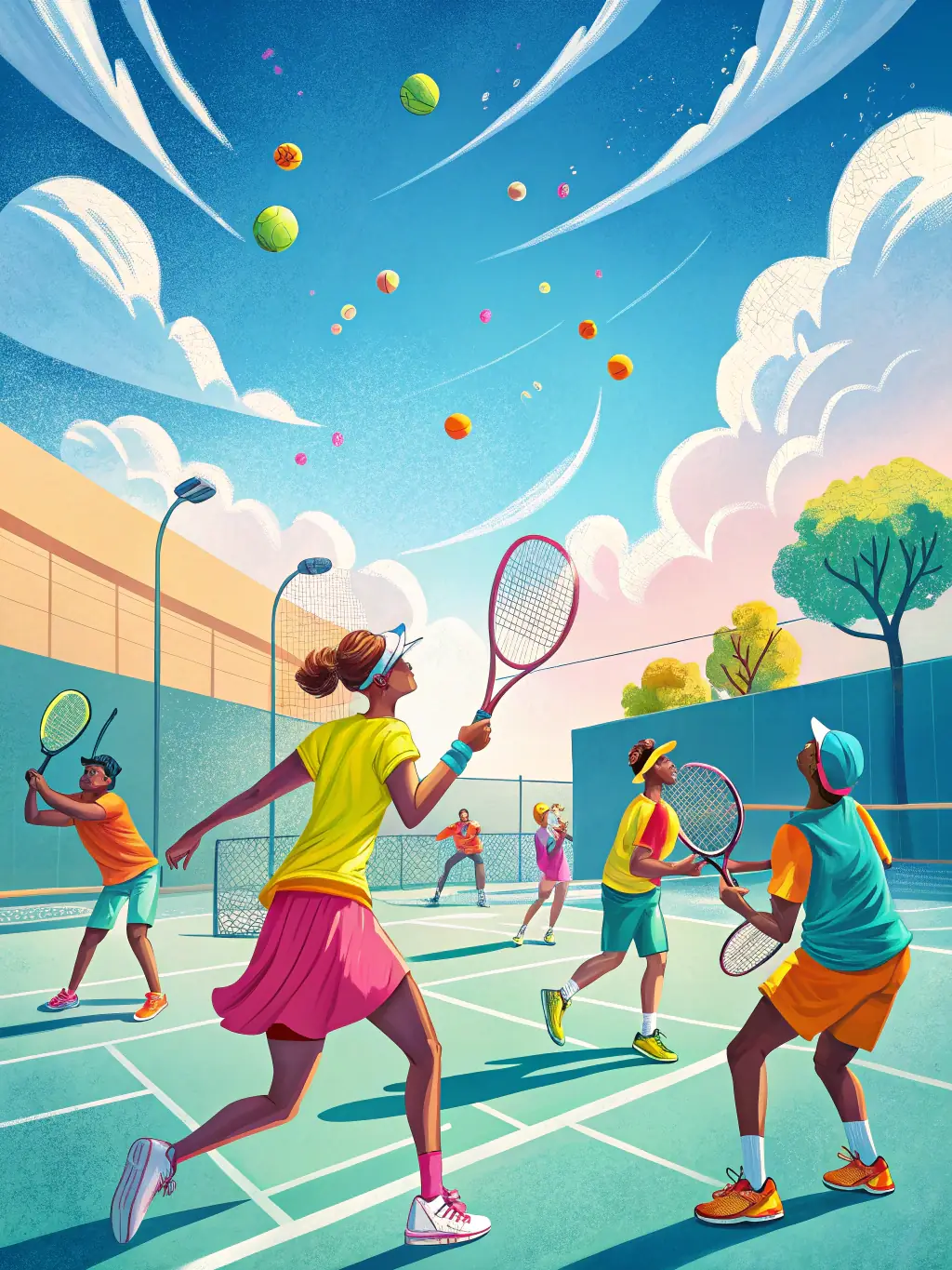 A group of young people participating in a tennis lesson, showcasing the association's commitment to youth development and sports education.