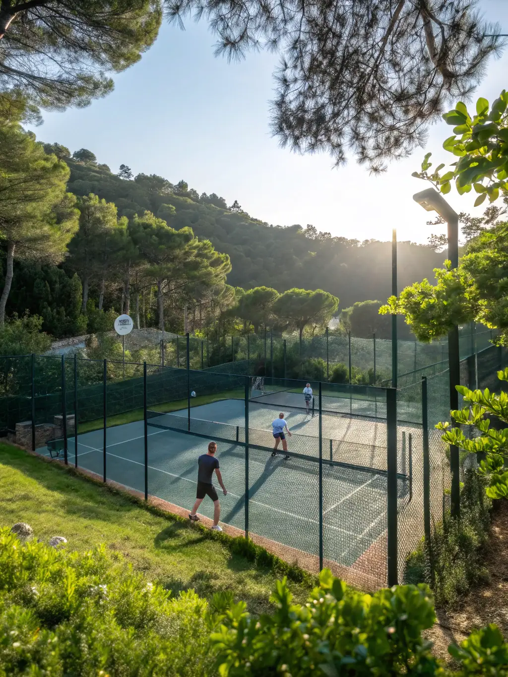 A dynamic shot of players engaged in a padel match on the organization's padel court, illustrating the fast-paced and social nature of the sport.
