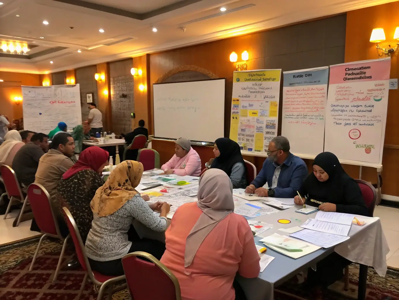 A group of diverse individuals participating in a workshop, focused on learning new skills and engaging with each other in a supportive environment, representing A.A.P.I.S.E.'s commitment to empowerment.