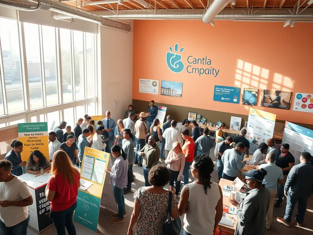 An image showing volunteers assisting community members with access to information and resources at a local community center, emphasizing support and guidance.